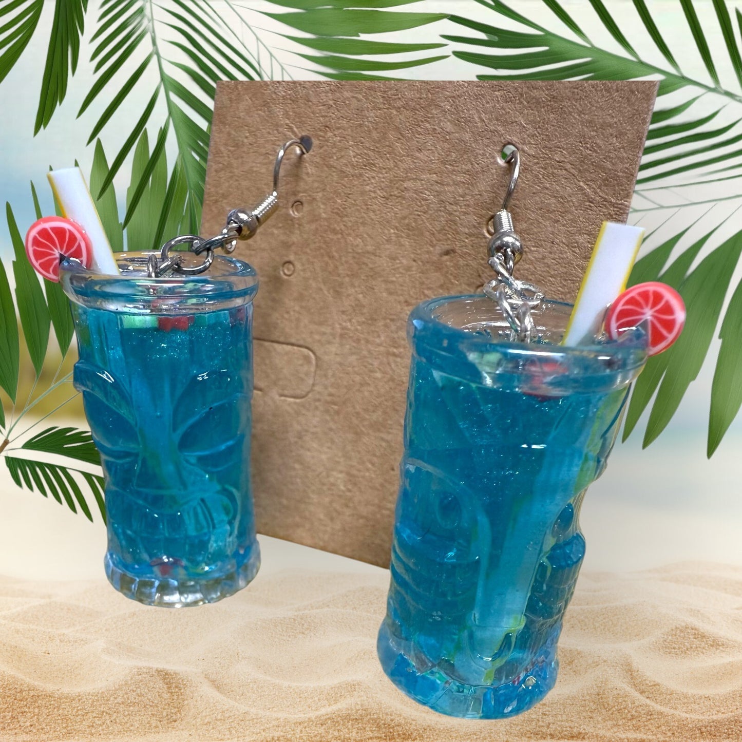 Ocean Blue Handcrafted Resin Tiki Glass Face Earrings by Artist Brandee Herda