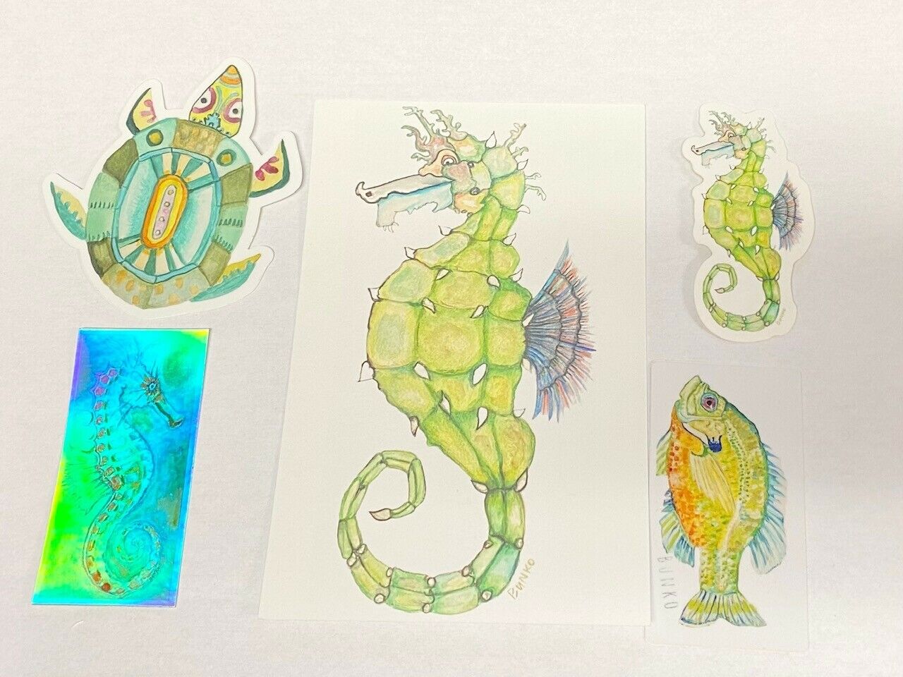 BunkoJess Seahorse Art Print & Sticker Lot Bass Sea Turtle & 2 Seahorse Stickers