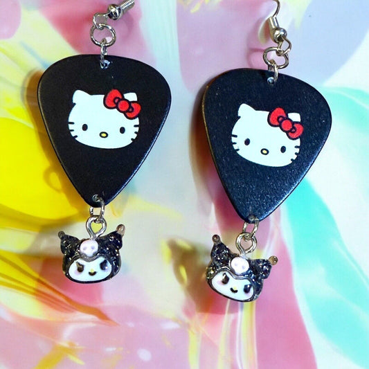 Black Metallic Fender Guitar Pick Earrings With Hello Kitty MEOW