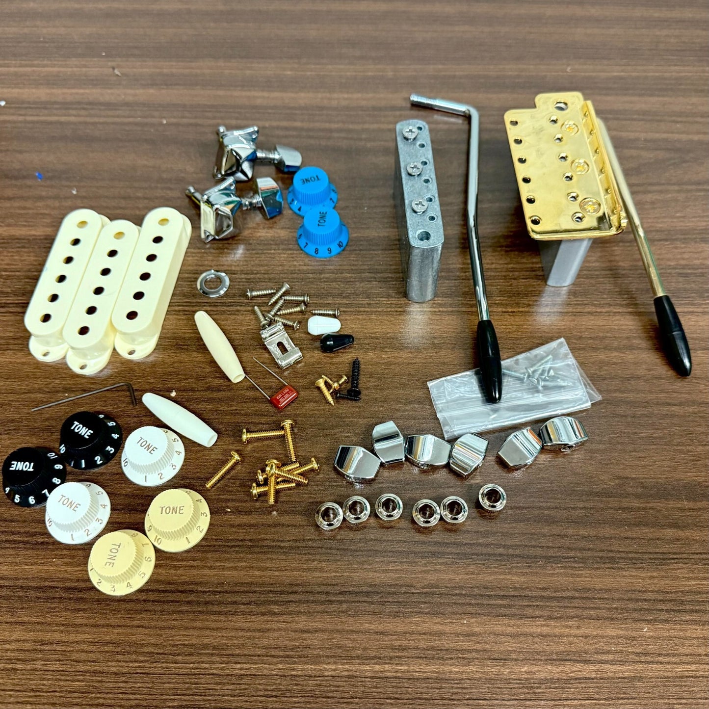 Strat Guitar Parts Lot Blocks Capacitor Screws Tremolo Parts Tip Knobs Covers